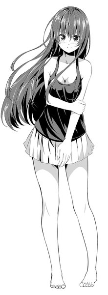 Anime picture 500x1356 with original nishigori atsushi single long hair tall image looking at viewer fringe breasts simple background smile standing white background cleavage pleated skirt barefoot bare legs legs monochrome holding arm girl