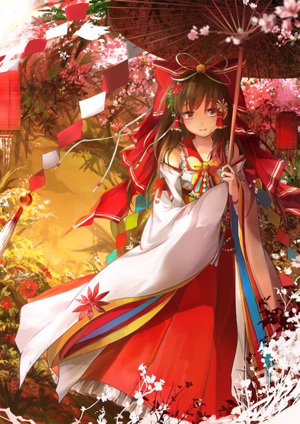 Anime picture 1181x1667 with touhou hakurei reimu mimi n (futarinokizuna) single long hair tall image looking at viewer red eyes brown hair traditional clothes cherry blossoms miko girl flower (flowers) bow plant (plants) hair bow tree (trees) umbrella
