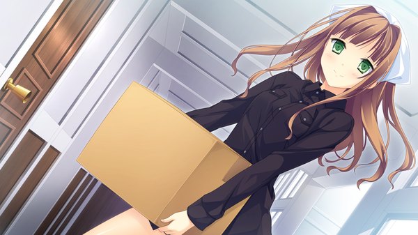 Anime picture 2560x1440 with kanojo to ore to koibito to tokuyoshi yuuko marui (koedame) long hair blush highres smile brown hair wide image green eyes game cg girl bow hair bow shirt box black shirt