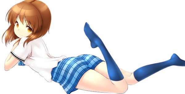 Anime picture 1242x639 with idolmaster hagiwara yukiho zizi (zz22) single looking at viewer short hair simple background smile brown hair wide image white background ass lying orange eyes no shoes rough time school girl skirt uniform school uniform
