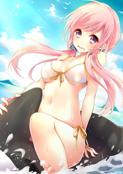 Anime picture 706x1000 with original kurosawa itsuki single long hair tall image looking at viewer blush breasts open mouth light erotic purple eyes pink hair sky cloud (clouds) girl swimsuit bikini water