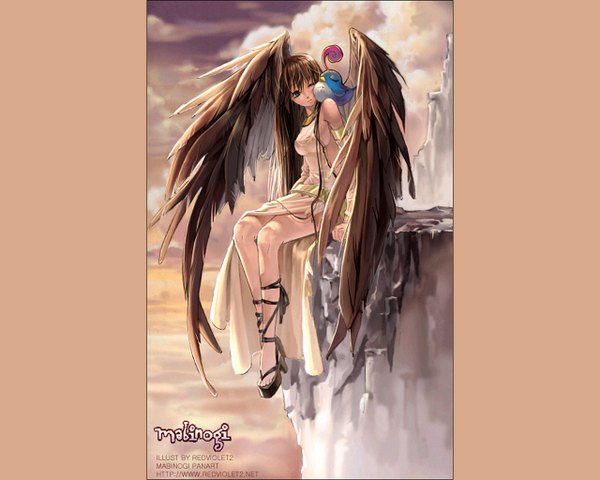 Anime picture 1280x1024 with mabinogi morrighan long hair black hair one eye closed wink black wings girl dress animal wings bird (birds) cliff
