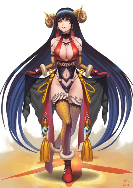 Anime picture 3525x5000 with original darkmuleth single tall image looking at viewer highres breasts light erotic black hair large breasts white background yellow eyes absurdres very long hair horn (horns) girl thighhighs gloves navel elbow gloves