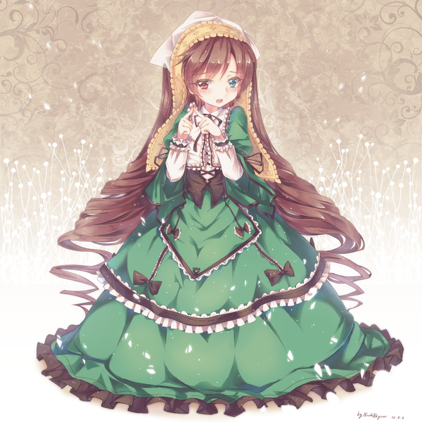Anime picture 2480x2480 with rozen maiden suiseiseki north abyssor single long hair blush highres open mouth brown hair heterochromia girl dress bow frills headdress