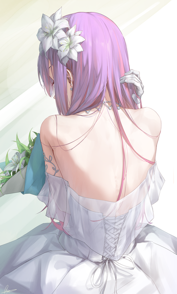 Anime picture 2894x4797 with virtual youtuber hololive tokoyami towa rei (9086) single long hair tall image highres purple hair hair flower from behind back bare back girl dress flower (flowers) white dress bouquet