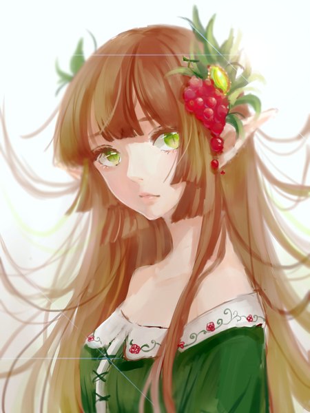Anime picture 750x1000 with original ffan single long hair tall image looking at viewer fringe simple background brown hair white background bare shoulders green eyes pointy ears cat eyes girl hair ornament earrings food berry (berries) grapes
