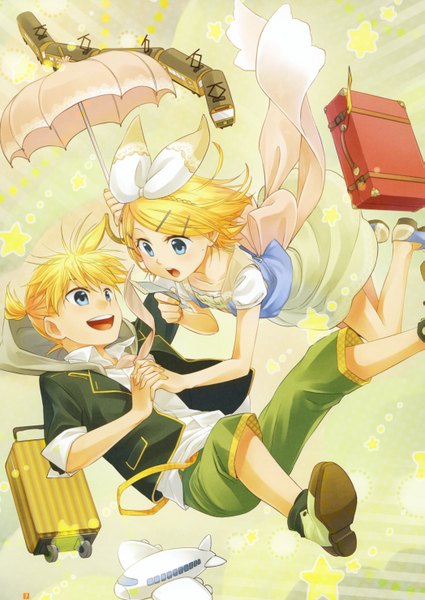 Anime picture 2093x2956 with vocaloid kagamine rin kagamine len junji tall image highres short hair open mouth blue eyes blonde hair scan holding hands flying twins girl boy hair ornament bow hair bow star (symbol)