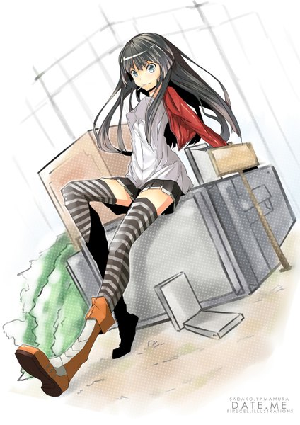 Anime picture 992x1403 with original firecel single long hair tall image blush fringe black hair sitting looking away pleated skirt open clothes open jacket grey eyes girl thighhighs skirt jacket boots thigh boots