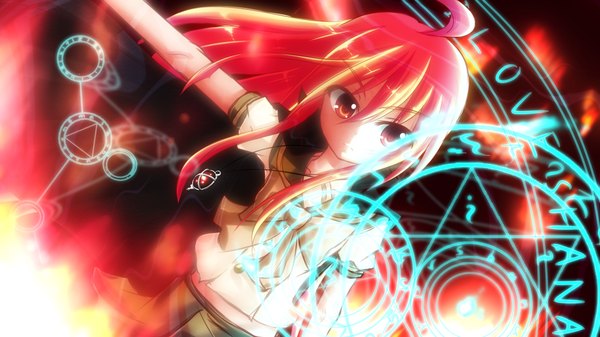 Anime picture 1920x1080 with shakugan no shana j.c. staff shana bassa single long hair highres red eyes wide image payot looking away ahoge red hair pleated skirt short sleeves puffy sleeves outstretched arm magic shaded face frown