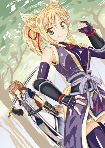 Anime picture 2888x4078 with dog days yukikaze panettone brioche d'arquien long hair tall image highres blonde hair smile brown hair bare shoulders multiple girls green eyes animal ears absurdres girl 2 girls sword