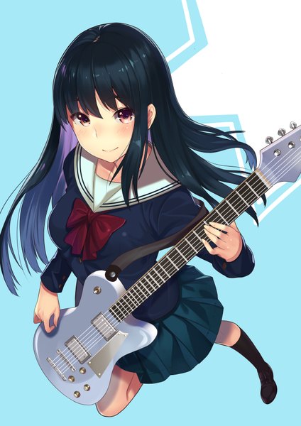 Anime picture 1240x1754 with original kagematsuri single long hair tall image looking at viewer blush black hair red eyes girl skirt uniform socks serafuku bowtie black socks guitar