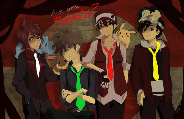 Anime picture 1190x770 with pokemon pokemon heartgold and soulsilver nintendo pikachu red (pokemon) eevee cyndaquil green (pokemon) gold (pokemon) silver (pokemon) juby (joodlez) short hair black hair smile red eyes brown hair green eyes red hair grey eyes gen 1 pokemon