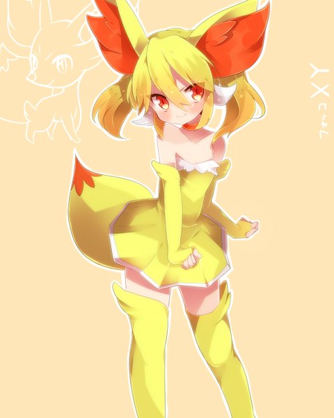 Anime picture 1200x1500 with pokemon pokemon (game) pokemon xy nintendo fennekin takeshima eku single tall image blush short hair simple background blonde hair smile bare shoulders animal ears tail orange eyes personification gen 6 pokemon girl