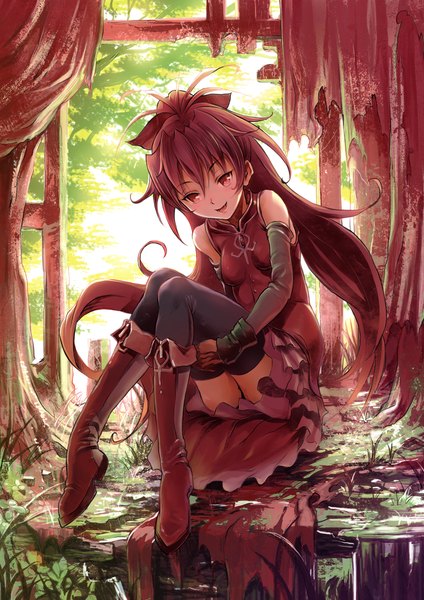 Anime picture 1025x1450 with mahou shoujo madoka magica shaft (studio) sakura kyouko kopa (artist) single long hair tall image looking at viewer open mouth red eyes bare shoulders ponytail red hair girl thighhighs dress black thighhighs detached sleeves boots