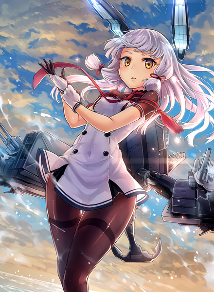 Anime picture 992x1354 with kantai collection murakumo destroyer ks single long hair tall image looking at viewer fringe open mouth yellow eyes sky silver hair cloud (clouds) sunlight sunbeam tress ribbon girl gloves ribbon (ribbons) hair ribbon