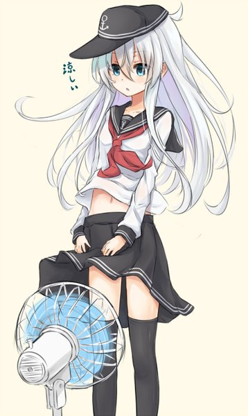Anime picture 837x1400 with kantai collection hibiki destroyer azuuru single long hair tall image blush blue eyes white hair looking down girl thighhighs skirt navel black thighhighs miniskirt sailor suit flat cap anchor symbol electric fan