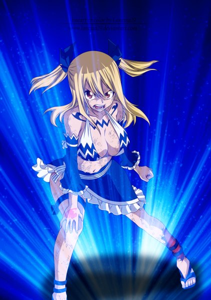 Anime picture 1000x1423 with fairy tail lucy heartfilia lanessa29 single long hair tall image open mouth light erotic blonde hair brown eyes tattoo two side up coloring light angry girl skirt bow hair bow detached sleeves