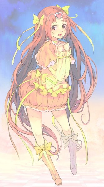 Anime picture 666x1200 with precure suite precure toei animation shirabe ako cure muse (yellow) toromi chuka single tall image open mouth looking away very long hair orange hair orange eyes girl dress bow hair bow earrings knee boots