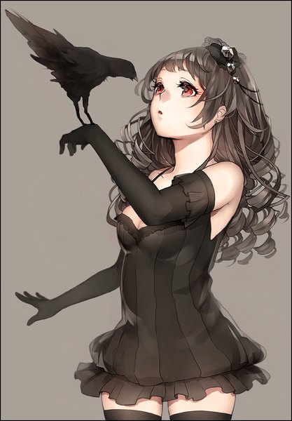 Anime picture 1154x1658 with original ayatoki-1 long hair tall image black hair simple background red eyes bare shoulders cleavage arm up grey background :o zettai ryouiki outstretched arm drill hair looking up revision bird on hand girl thighhighs