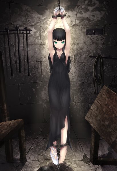 Anime picture 900x1315 with original cait single long hair tall image looking at viewer blush blue eyes light erotic black hair cleavage barefoot arms up teeth armpit (armpits) fang (fangs) bondage bdsm single shoe suspension