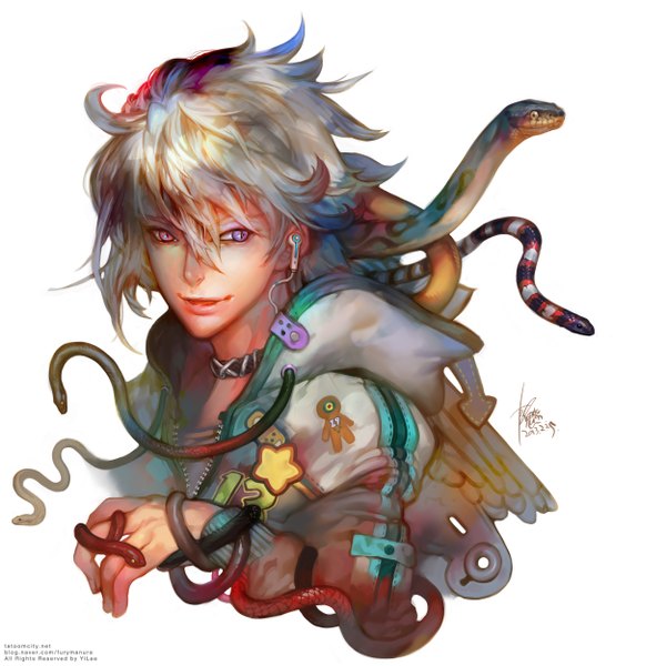 Anime picture 2500x2500 with original yilee single highres short hair blonde hair simple background smile white background purple eyes signed inscription boy animal headphones collar zipper snake