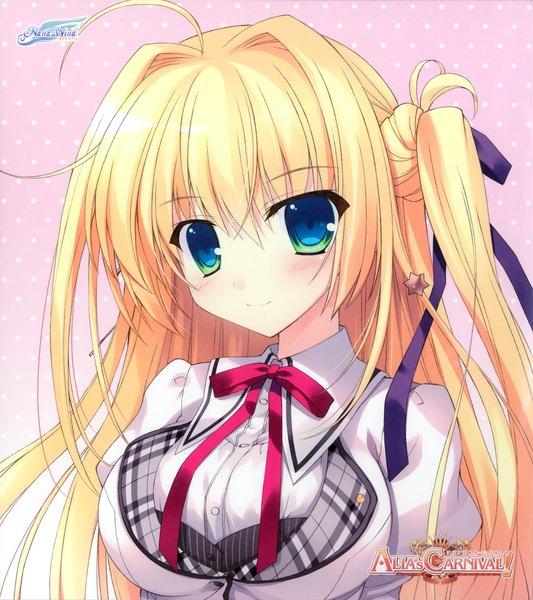 Anime picture 2248x2532 with alia's carnival! sakurakouji tsukuyomi nanao naru long hair tall image blush highres blonde hair smile green eyes one side up girl uniform ribbon (ribbons) hair ribbon school uniform