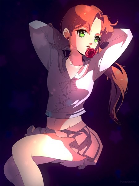 Anime picture 1200x1600 with bishoujo senshi sailor moon toei animation kino makoto marmalade (elfless vanilla) single long hair tall image brown hair sitting holding green eyes looking away ponytail pleated skirt sunlight bare legs midriff mouth hold adjusting hair dark background