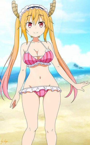 Anime picture 1218x1964 with kobayashi-san chi no maidragon kyoto animation tooru (maidragon) shugo19 single long hair tall image looking at viewer fringe breasts light erotic blonde hair hair between eyes red eyes large breasts standing twintails payot pink hair cleavage