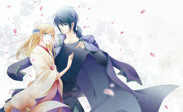 Anime picture 900x551 with harukanaru toki no naka de katsuragi oshihito ashihara chihiro long hair short hair blonde hair simple background wide image white background green eyes blue hair traditional clothes japanese clothes hair flower open clothes open jacket couple hug girl boy