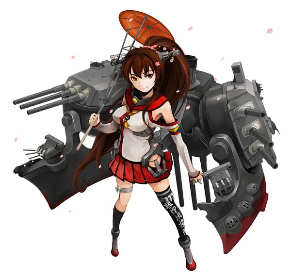 Anime picture 1089x1040 with kantai collection yamato super battleship hironox single long hair looking at viewer simple background brown hair white background brown eyes inscription girl thighhighs hair ornament flower (flowers) weapon black thighhighs petals socks belt