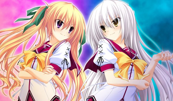 Anime picture 1024x600 with sora to kumo to kimi no koi long hair blonde hair wide image purple eyes multiple girls yellow eyes game cg white hair girl uniform ribbon (ribbons) 2 girls hair ribbon school uniform