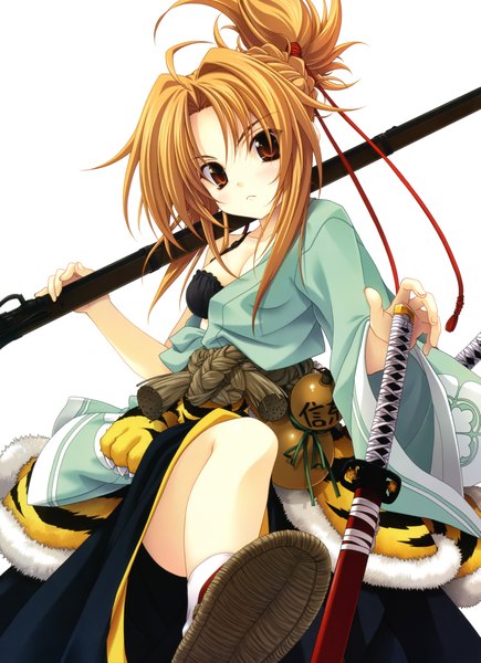 Anime picture 3281x4518 with oda nobuna no yabou oda nobuna miyama zero tall image highres blonde hair simple background white background brown eyes absurdres traditional clothes girl weapon sword katana gun