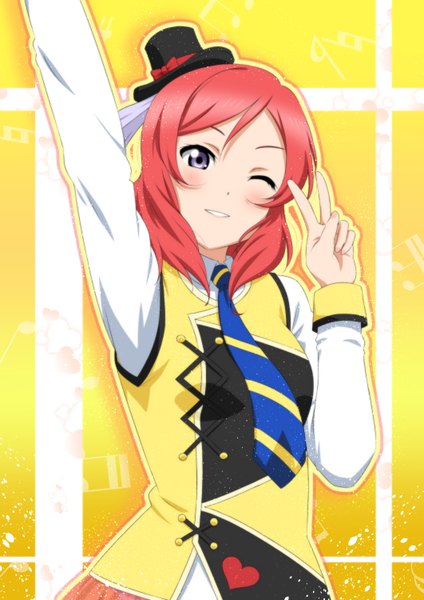 Anime picture 2121x3000 with love live! school idol project sunrise (studio) love live! nishikino maki oku no shi single tall image looking at viewer blush highres short hair purple eyes red hair one eye closed wink victory girl hat necktie mini hat
