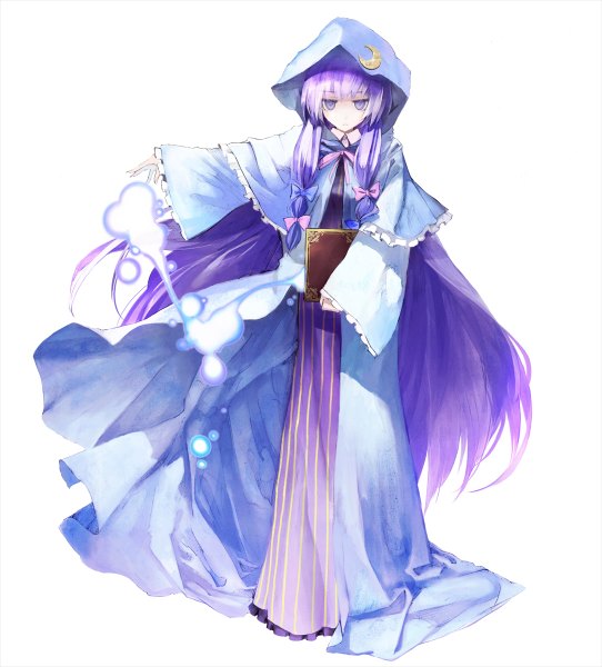 Anime picture 1084x1200 with touhou koumajou densetsu 2 patchouli knowledge banpai akira single tall image looking at viewer fringe simple background standing white background purple eyes purple hair very long hair outstretched arm striped crescent girl dress bow