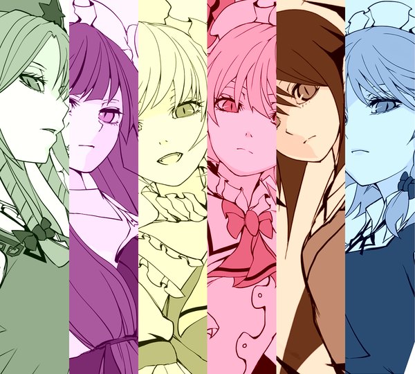 Anime picture 1200x1080 with touhou flandre scarlet remilia scarlet izayoi sakuya patchouli knowledge hong meiling koakuma yutapon looking at viewer short hair smile multiple girls braid (braids) looking down monochrome multiview expressionless serious column lineup girl