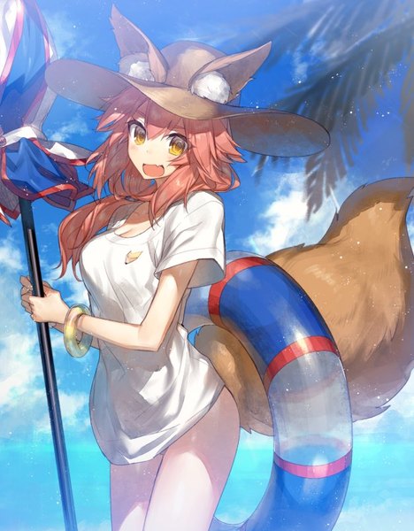 Anime picture 626x802 with fate (series) fate/grand order fate/extra tamamo (fate) (all) tamamo no mae (swimsuit lancer) (fate) chocoan single long hair tall image looking at viewer blush fringe open mouth smile hair between eyes standing twintails holding brown eyes signed