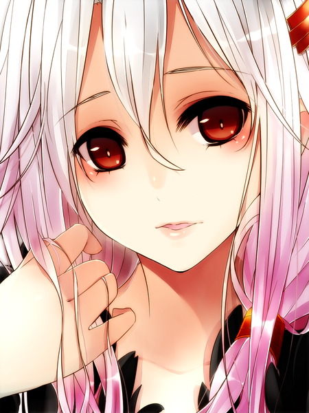 Anime picture 1200x1600 with guilty crown production i.g yuzuriha inori xayux single long hair tall image looking at viewer blush red eyes twintails pink hair lips adjusting hair close-up transparent background face girl hair ornament
