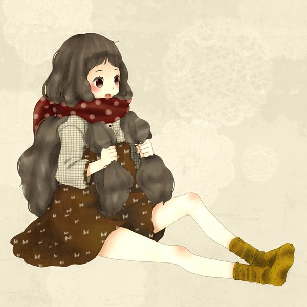 Anime picture 1000x1000 with original mizutamako single long hair blush open mouth black hair simple background sitting brown eyes legs polka dot girl socks scarf