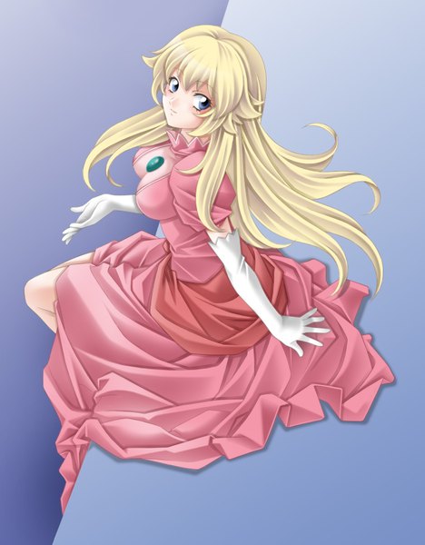 Anime picture 1249x1600 with super mario bros. princess peach tamamon single long hair tall image blue eyes blonde hair sitting cleavage girl dress gloves elbow gloves