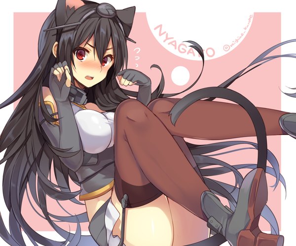 Anime picture 850x708 with kantai collection nagato battleship mishima kurone single long hair blush fringe breasts open mouth light erotic black hair red eyes large breasts sitting animal ears bent knee (knees) tail animal tail pleated skirt cat ears