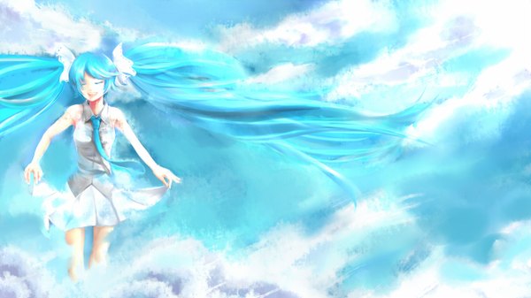 Anime picture 1320x742 with vocaloid hatsune miku harunohotaru single open mouth wide image twintails cloud (clouds) eyes closed very long hair aqua hair girl skirt miniskirt necktie