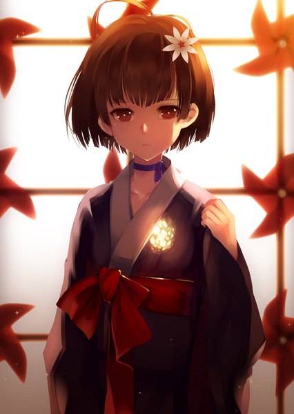 Anime picture 1000x1408 with koutetsujou no kabaneri wit studio mumei (kabaneri) zen33n single tall image looking at viewer fringe short hair simple background red eyes brown hair white background upper body ahoge long sleeves traditional clothes japanese clothes hair flower wide sleeves