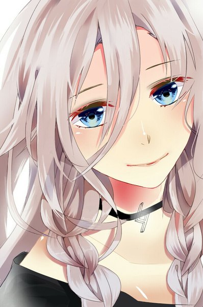 Anime picture 720x1084 with vocaloid ia (vocaloid) kyarotto kocho single long hair tall image looking at viewer blue eyes smile bare shoulders silver hair braid (braids) twin braids close-up girl choker