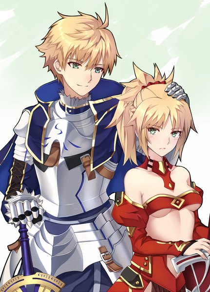 Anime picture 1240x1725 with fate (series) fate/grand order fate/prototype mordred (fate) arthur pendragon (fate) shiguru tall image blush short hair light erotic simple background blonde hair smile bare shoulders holding green eyes looking away ahoge ponytail embarrassed