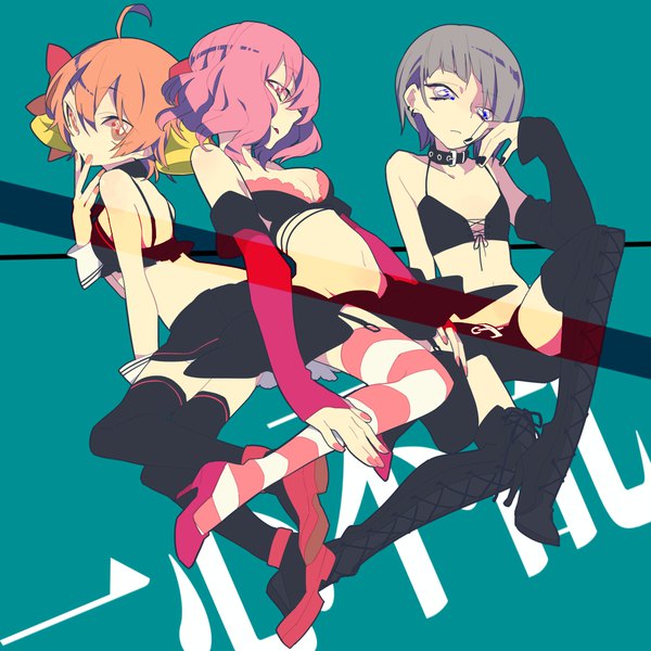 Anime picture 1000x1000 with nico nico singer nqrse reol (singer) ill.bell mochizuki kei short hair blue eyes light erotic simple background purple eyes multiple girls pink hair full body ahoge nail polish profile pink eyes fingernails grey hair orange hair