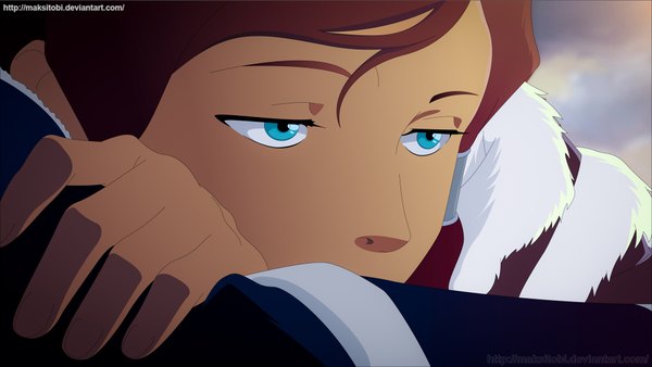 Anime picture 2000x1128 with avatar: the legend of korra korra maksitobi single highres blue eyes brown hair wide image sky cloud (clouds) coloring close-up face girl fur