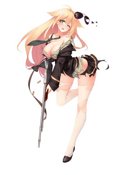 Anime picture 1191x1536 with girls frontline m1918 bar (girls frontline) suisai single long hair tall image breasts light erotic blonde hair large breasts standing brown eyes bent knee (knees) one eye closed sweat leaning leaning forward torn clothes standing on one leg sweatdrop