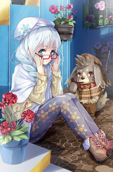 Anime picture 950x1441 with sound voltex hopper single long hair tall image looking at viewer fringe sitting holding brown eyes payot silver hair bent knee (knees) indoors braid (braids) aqua eyes :o shadow mouth hold single braid