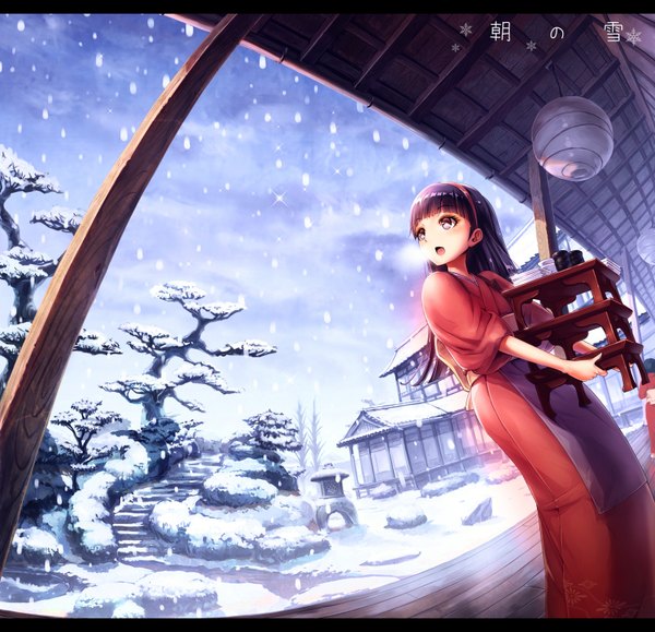 Anime picture 1600x1546 with persona 4 persona amagi yukiko futsuka (dzone) single long hair open mouth purple eyes purple hair japanese clothes looking back snowing letterboxed winter snow carrying fisheye girl plant (plants) tree (trees)
