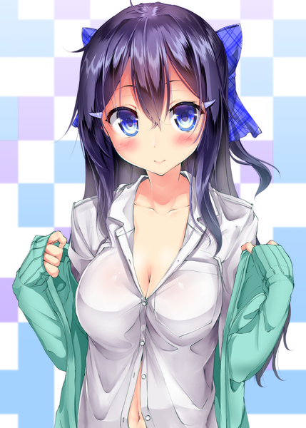 Anime picture 800x1119 with original mokufuu single long hair tall image looking at viewer fringe breasts blue eyes light erotic smile hair between eyes large breasts purple hair ahoge upper body open clothes open shirt sleeves past wrists checkered